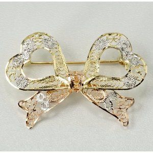 14K Tri Color Open Work Filigree Lace Design Bow Hearts Pin Brooch  Signed CGC